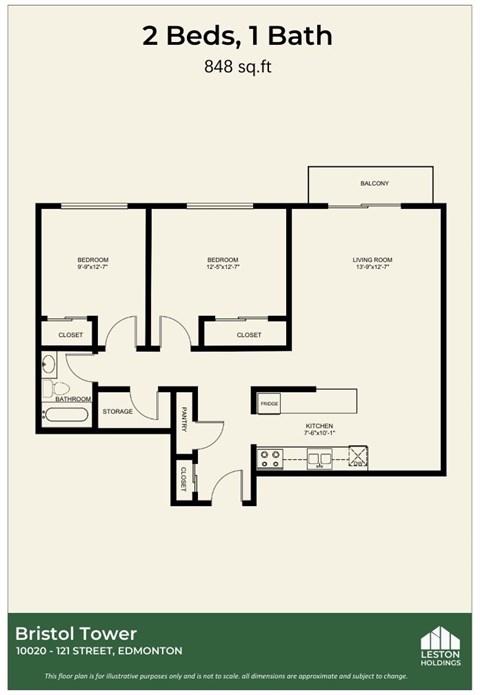 Floor plan for 2 beds, 1 bath, 848 sqft